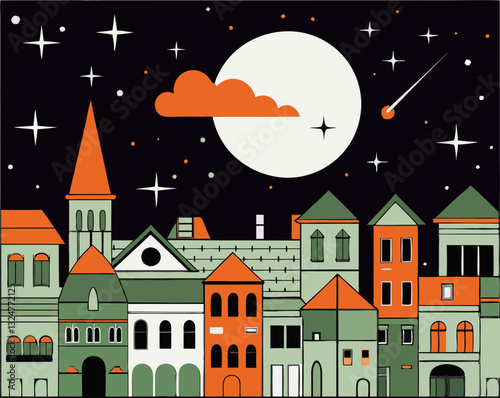 Vintage town illuminated at night with a bright moon and shooting star
