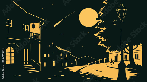 Vintage town illuminated at night with a bright moon and shooting star
