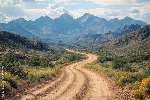 Winding dirt road leading through a scenic landscape with mountains and wildflowers in the afternoon