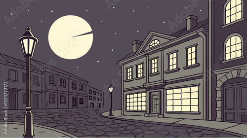 Vintage town illuminated at night with a bright moon and shooting star

