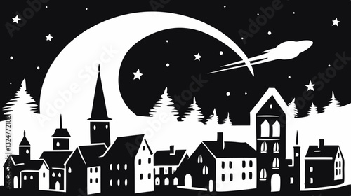 Vintage town illuminated at night with a bright moon and shooting star
