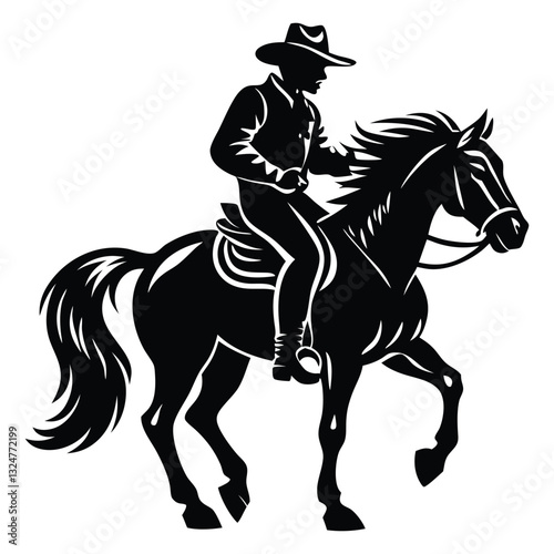 Black and White Horseman Silhouette with Crescent Moon Vector, Rider rides on a horse vector silhouette