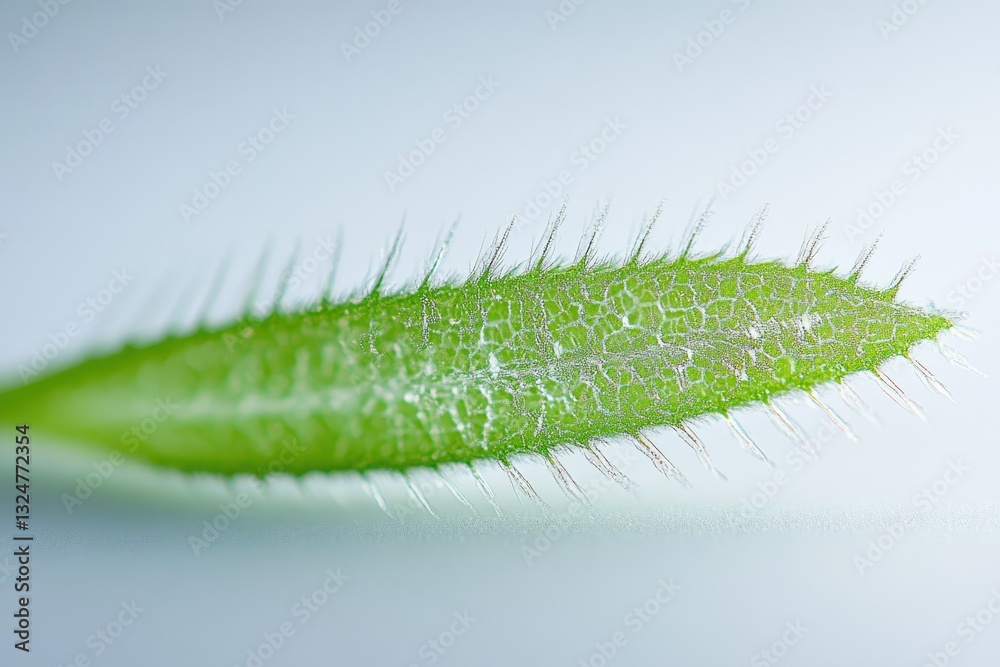 Naklejka premium Microscopic close-up of a vibrant green leaf, showcasing intricate details and tiny hairs.