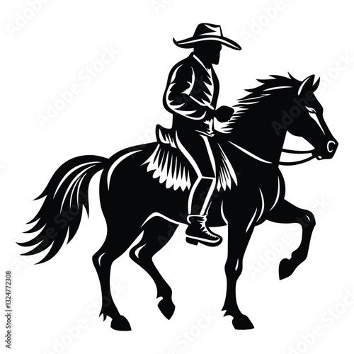 Black and White Horseman Silhouette with Crescent Moon Vector, Rider rides on a horse vector silhouette