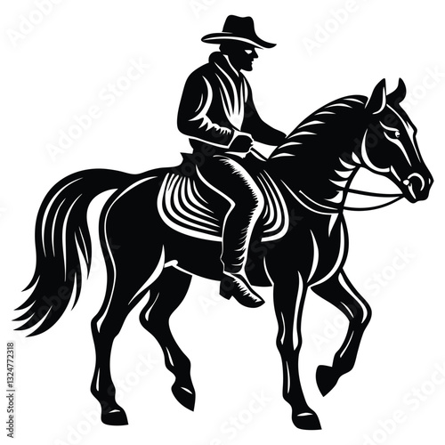 Black and White Horseman Silhouette with Crescent Moon Vector, Rider rides on a horse vector silhouette