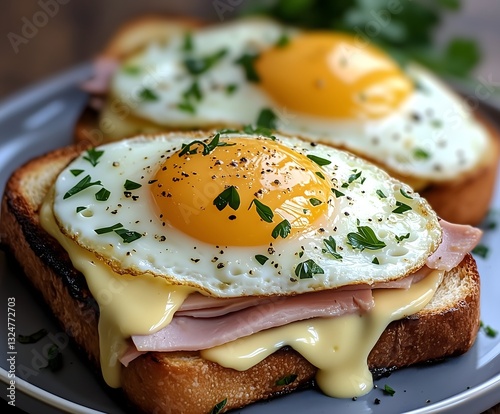 A delicious breakfast spread showcases toasted bread topped with perfectly fried eggs, slices of ham, and gooey melted cheese, all finished with a sprinkle of fresh herbs.