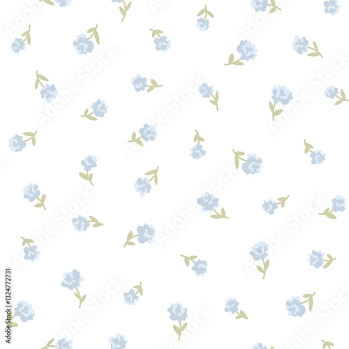 Cute tiny blue roses flowers branch of vintage ditsy style. Floral seamless pattern for textile design set, fashion femine fabric print, home decor graphic, spring vibe. Vector illustration