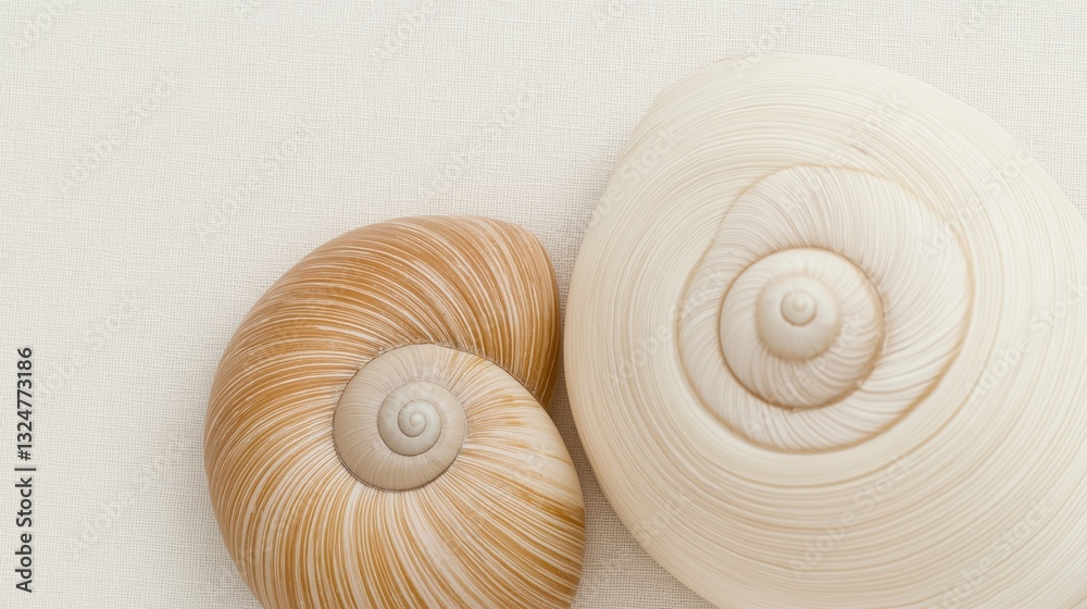 Macro exploration reveals stunning details of two unique snail shells, highlighting their smooth surfaces and exquisite spiral designs Macro exploration reveals stunning details of two unique snail shells, highlighting their smooth surfaces and exquisite spiral designs