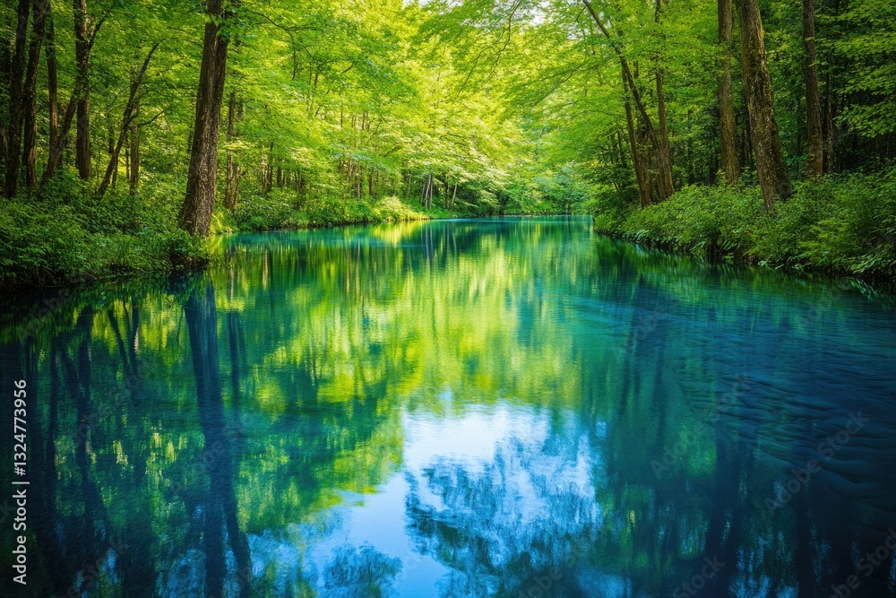 Serene river reflecting lush green forest canopy, a tranquil natural scene. Serene river reflecting lush green forest canopy, a tranquil natural scene.
