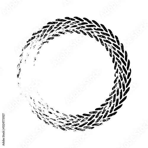 Grunge circle tire track, wheel braking mark. Truck, car or motorcycle tread pattern silhouettes. Auto race, motorsport, speed racing design element. Vector illustration