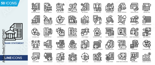 Bank statement icon collection set. Account Balance, Mobile Banking, Digital Wallet, Transaction History, Payment Approval, Card Activation icon. Simple line vector