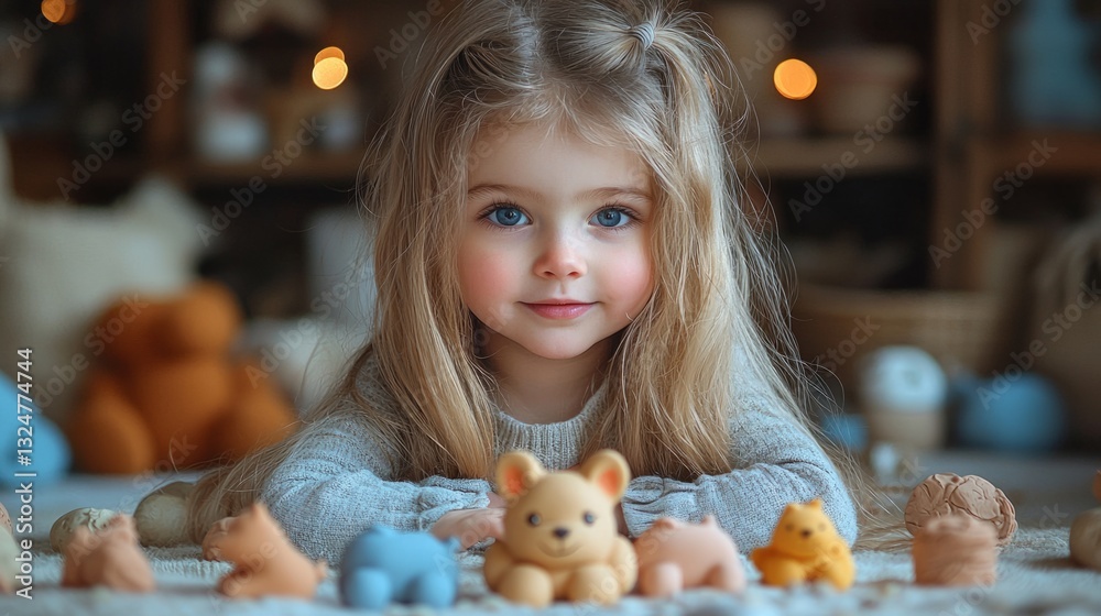 A little girl playing with modeling clay, shaping a cute animal figure A little girl playing with modeling clay, shaping a cute animal figure
