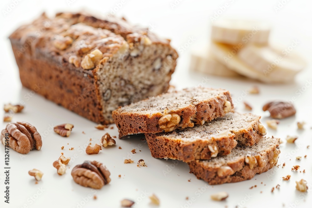 A Loaf of Banana Bread with Walnuts and Pecans on a White Surface A Loaf of Banana Bread with Walnuts and Pecans on a White Surface
