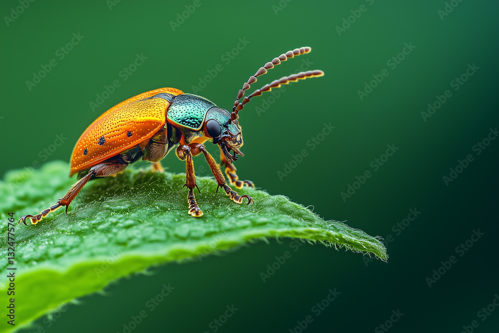 Naklejka premium Macro Shot of a Colorful Beetle on Green Leaf