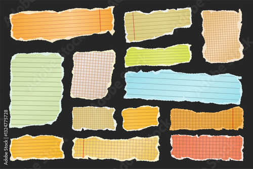 Ripped paper strips. Realistic crumpled paper scraps with torn edges. Shreds of notebook, book or old newspaper pages. Trendy collage elements. Vector illustration