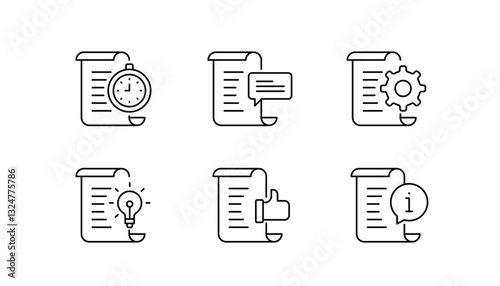 Professional Document Analytics Icons. Time Tracking, Idea Generation, Settings Configuration, Communication, Approval Review, and Information Management. Editable Stroke Icons.