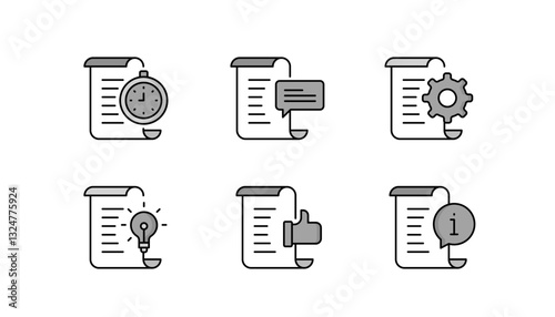 Professional Document Analytics Icons. Time Tracking, Idea Generation, Settings Configuration, Communication, Approval Review, and Information Management. Gary Icons.