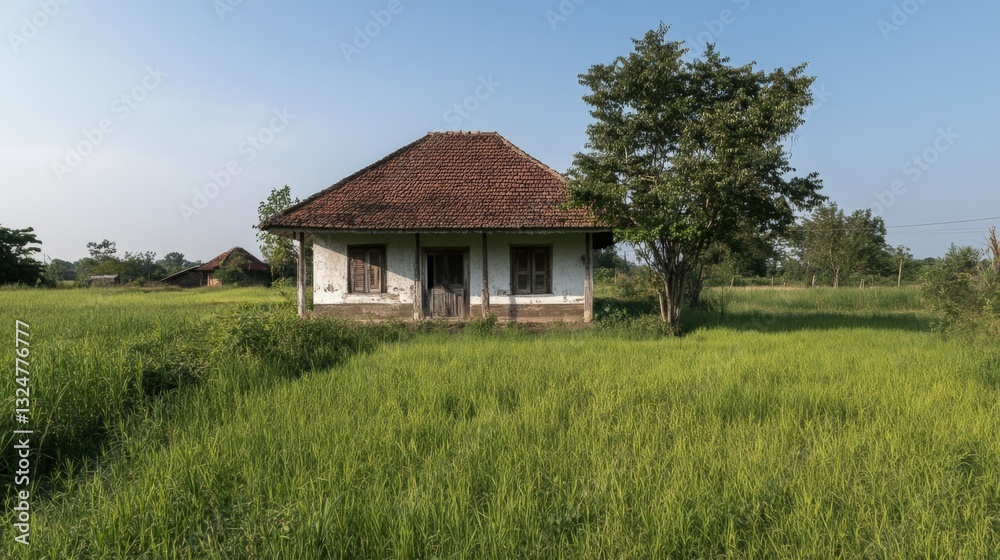 Fototapeta premium Rustic house in a rice paddy field under a clear sky.