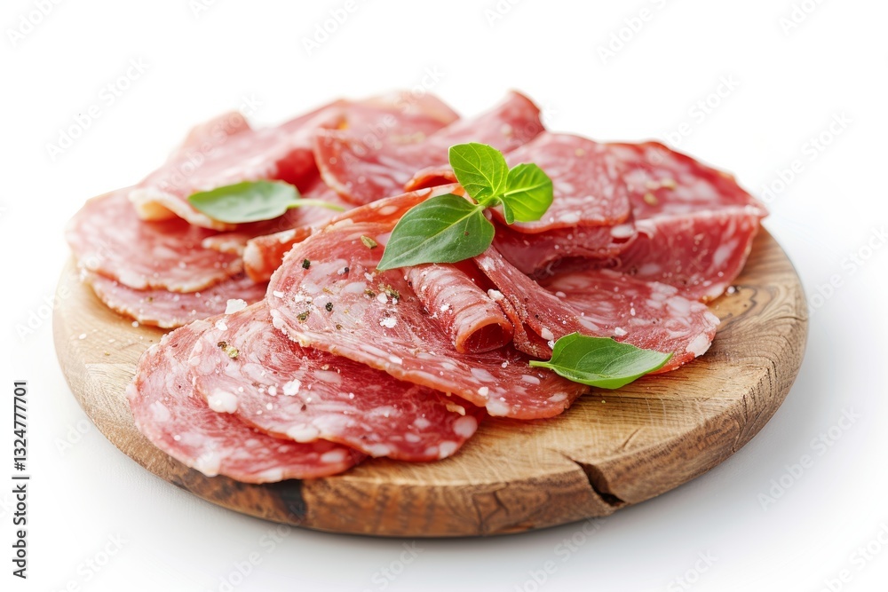 Sliced Salami on a Wooden Cutting Board with Fresh Herbs Sliced Salami on a Wooden Cutting Board with Fresh Herbs