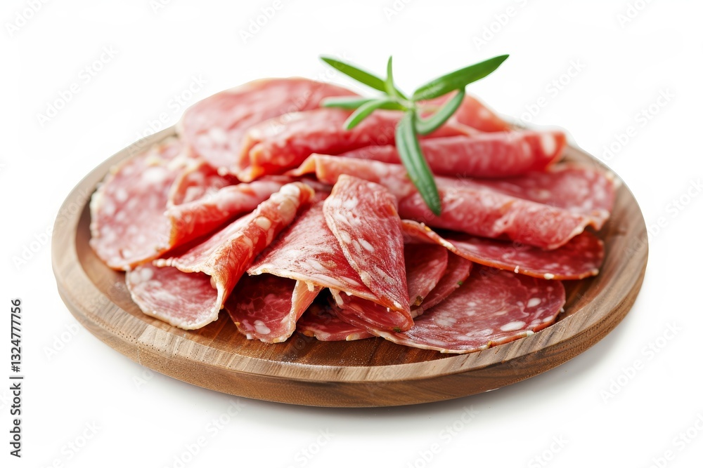 A Platter of Salami Slices on a Wooden Plate