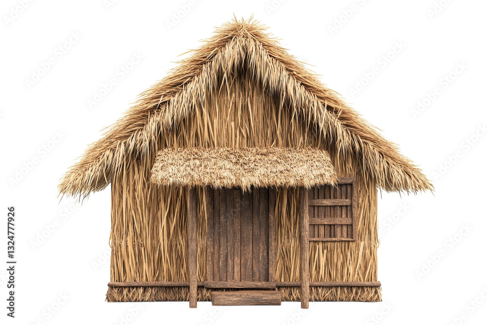 Traditional straw hut crafted with natural materials standing prominently against a white backdrop isolated on transparent background