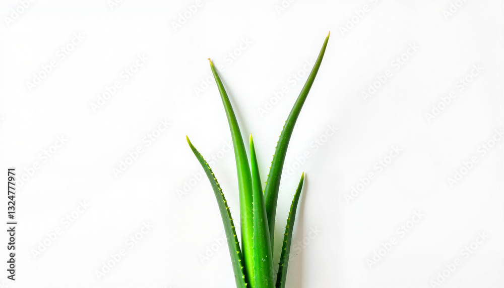 Vibrant green aloe vera plant against plain white background, healing nature Vibrant green aloe vera plant against plain white background, healing nature