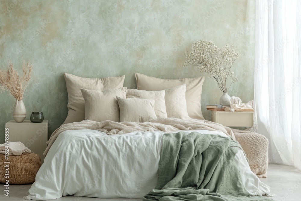 Naklejka premium A full view of the bedroom from the doorway, showing the bed, nightstands, and decor in neutral tones