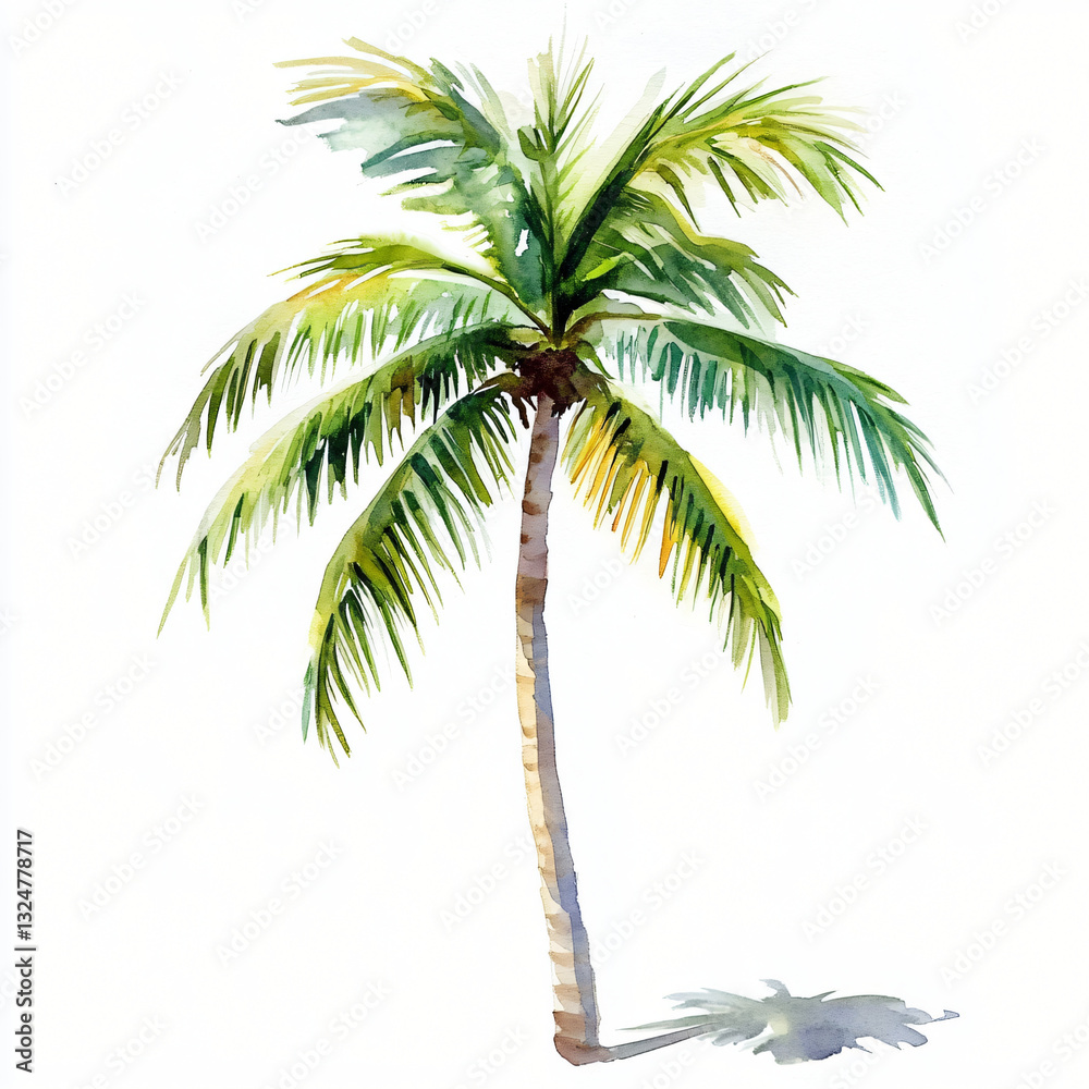 Naklejka premium Watercolor hand-painted coconut palm branch with leaf on a white background, flat watercolor painting, simple design, isolated on a white background, illustration, AI painting design, AI