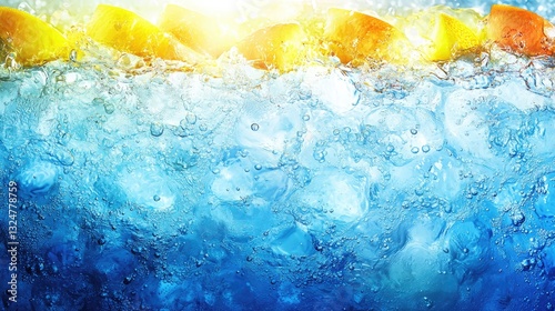 Fruit slices refreshing in ice, blue drink, sunlit. Invigorating, vibrant, cool beverage