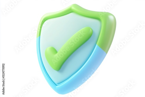 Digital Security: A vibrant, 3D-rendered shield featuring a bold checkmark, symbolizes secure protection and validation in the digital space. This striking visual assures viewers of safety.