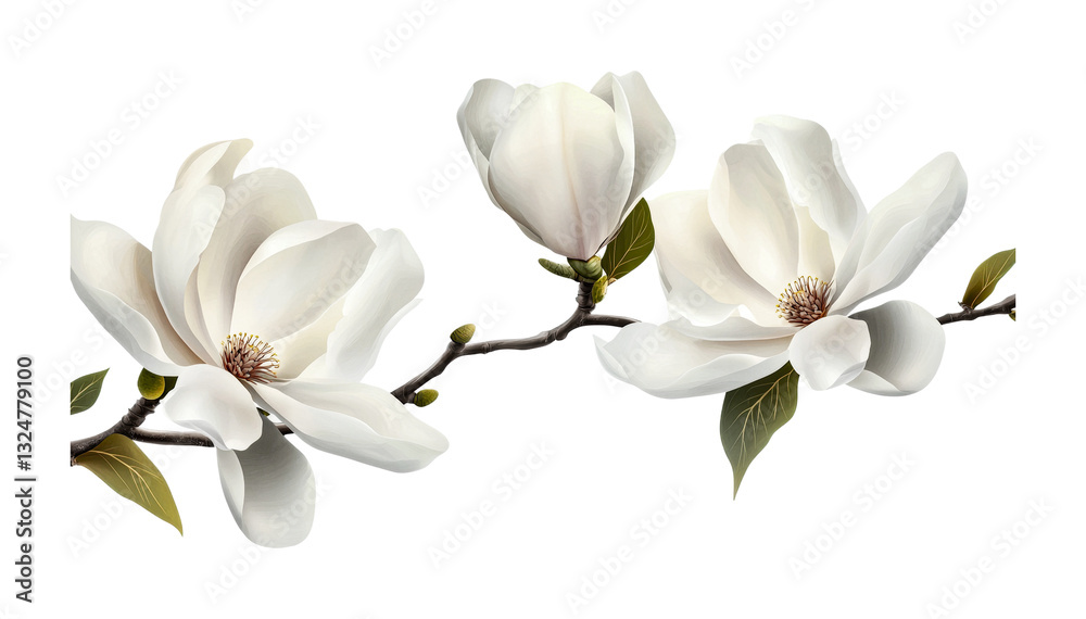 Obraz premium Beautiful white magnolia blossoms on branch with green leaves, cut out