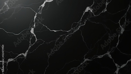 Black marble texture background featuring natural white vein patterns. Luxurious stone surface used in design for skin tile, wallpaper, interiors backdrop. High resolution glossy picture for elegant