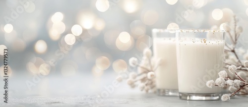 A Serene Winter Scene with White Candles and Snowy Branches