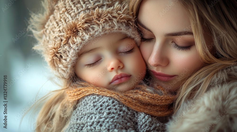 A newborn sleeping in a mothers arms while she gently kisses their forehead A newborn sleeping in a mothers arms while she gently kisses their forehead