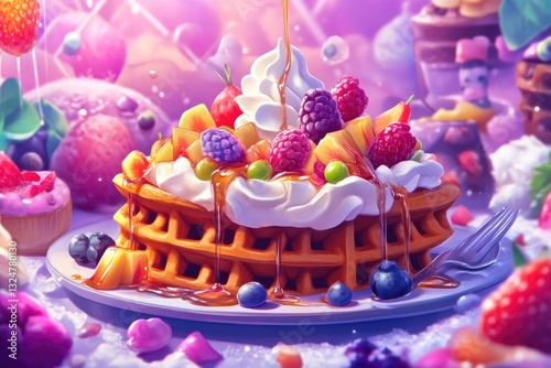 Delicious waffles with syrup, berries, and a touch of cream