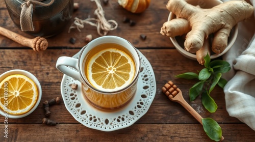 Wallpaper Mural Invigorating ginger and lemon tea served on a rustic wooden table with various spices. Torontodigital.ca
