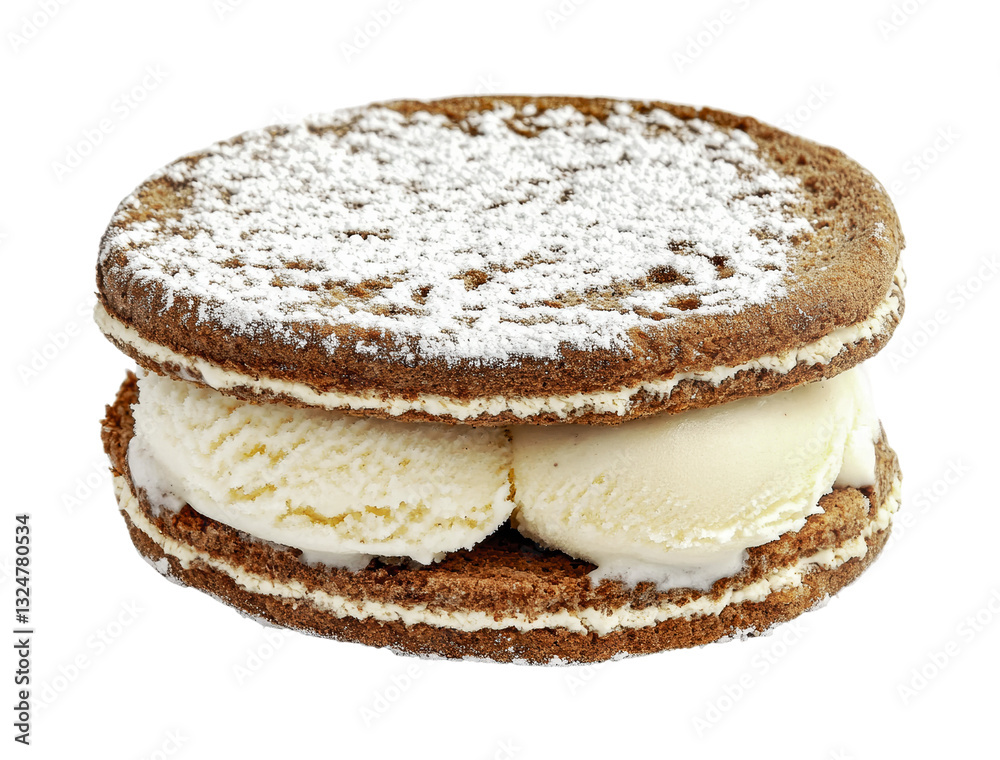 Delicious ice cream sandwich with powdered sugar on chocolate wafers, cut out Delicious ice cream sandwich with powdered sugar on chocolate wafers, cut out