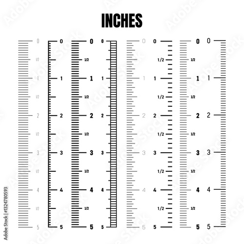 Vertical inch scale for measuring length or height. Various measurement scales with divisions. Ruler, tape measure marks, size indicators. Vector illustration