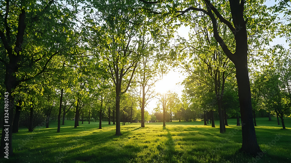 Lush Green Trees in Sunlight Casting Long Shadows on Grass with Bright Sunshine in Forest Park Lush Green Trees in Sunlight Casting Long Shadows on Grass with Bright Sunshine in Forest Park