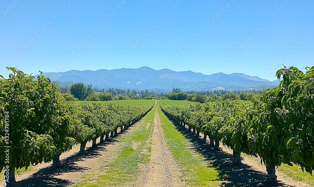 Obraz premium Wide shot of the beautiful peach orchard rows in California, mountains visible in the background
