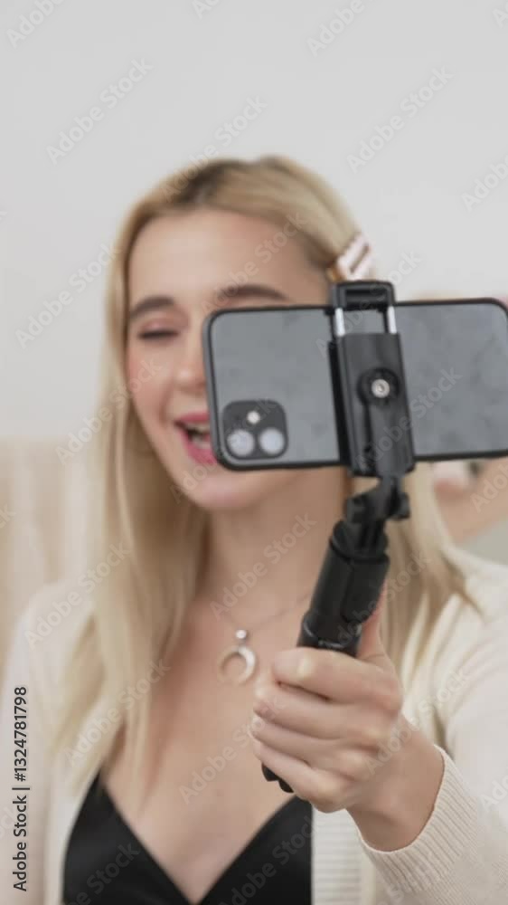 Young social medial content creator woman make fashion video using selfie stick. Blogger smile to camera while making persuasive online clothing sell vlog to audience or follower. Blithe Young social medial content creator woman make fashion video using selfie stick. Blogger smile to camera while making persuasive online clothing sell vlog to audience or follower. Blithe