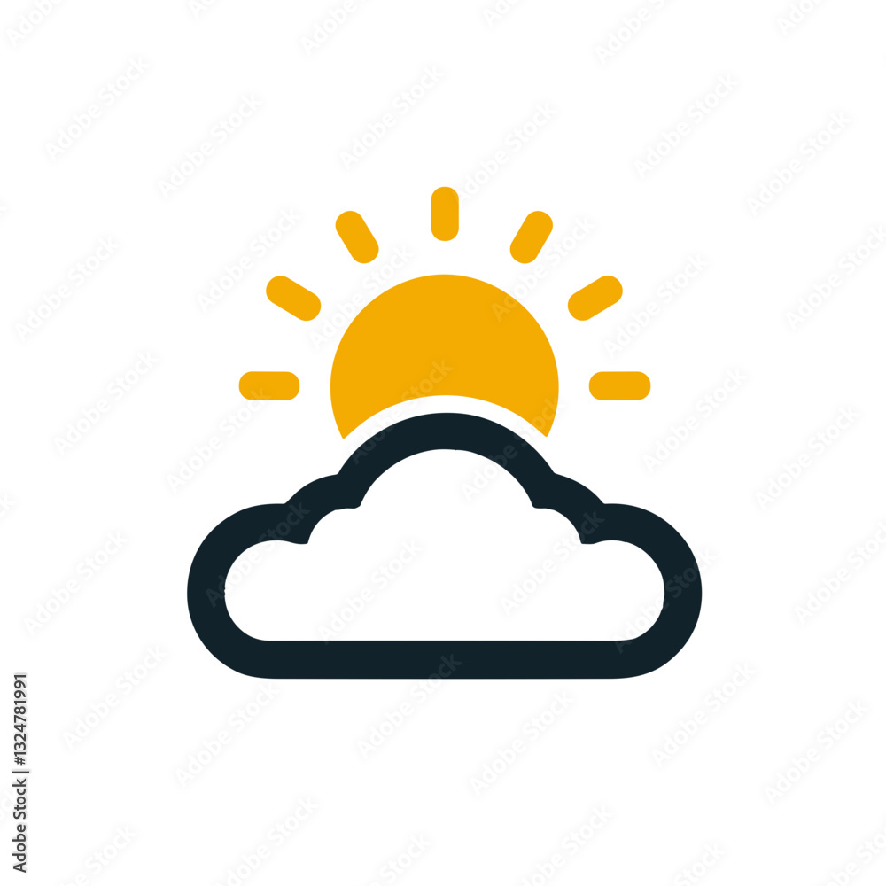 Vector icon of a sun rising behind a cloud for weather apps, forecasts, and optimistic designs, transparent background Vector icon of a sun rising behind a cloud for weather apps, forecasts, and optimistic designs, transparent background