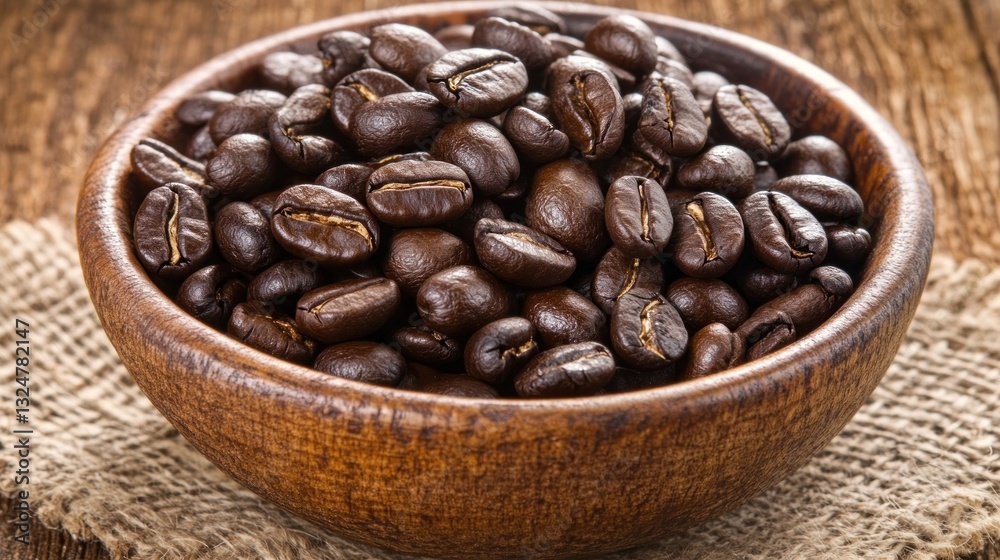 Aromatic coffee beans in rustic wooden bowl, ready for grinding and brewing Aromatic coffee beans in rustic wooden bowl, ready for grinding and brewing
