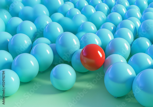 3D render of one red balloon standing out from the crowd on a light green background with many blue balloons. Concept for creativity, diversity, and individuality in business or life
