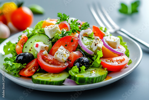 close-up of a greek salad with mixed lettuce,
