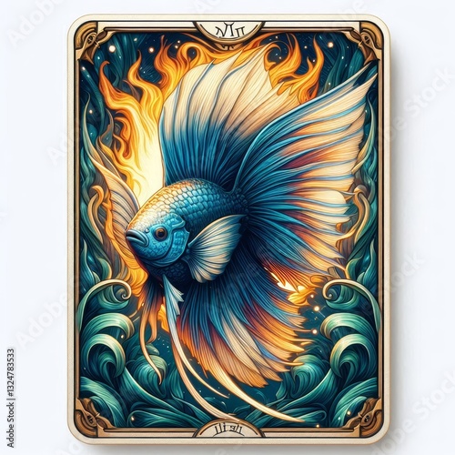 Intricate Betta Fish Tarot Card Illustration with Fire and Water Elements
