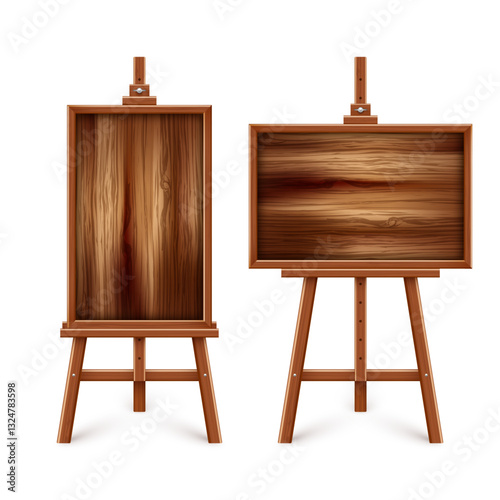 Wooden chalkboard on easel. Blank blackboard in wooden frame on a tripod. Presentation board, writing surface for text, drawing. Online studying, learning mockup. Vector illustration