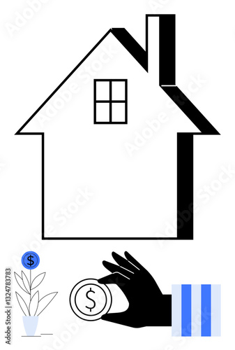 Outline of a house with a hand holding a coin, plant with dollar icon, suggesting investment, sustainability, saving. Ideal for finance, real estate, economy, homeownership wealth growth
