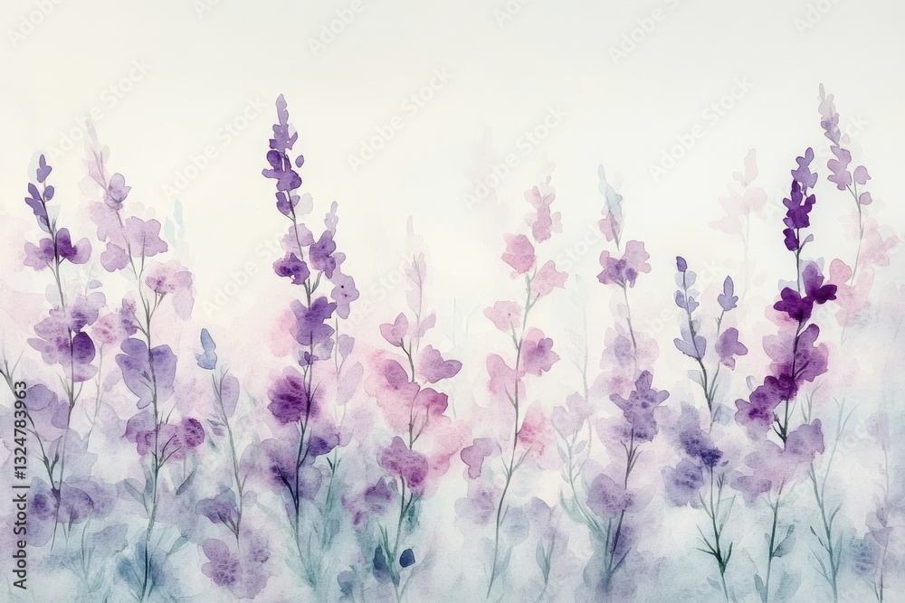 Obraz premium Watercolor painting of delicate purple and pink flowers, creating a serene and dreamy floral scene.