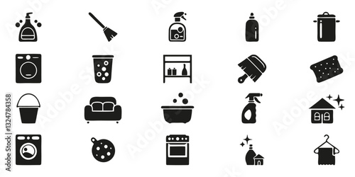 Household Cleaning And Maintenance Solid Icon Set. Home Cleaning Tools, Supplies, And Equipment Silhouette Symbol Collection. Includes Detergents, Broom, Sponge, And More. Isolated Vector Illustration
